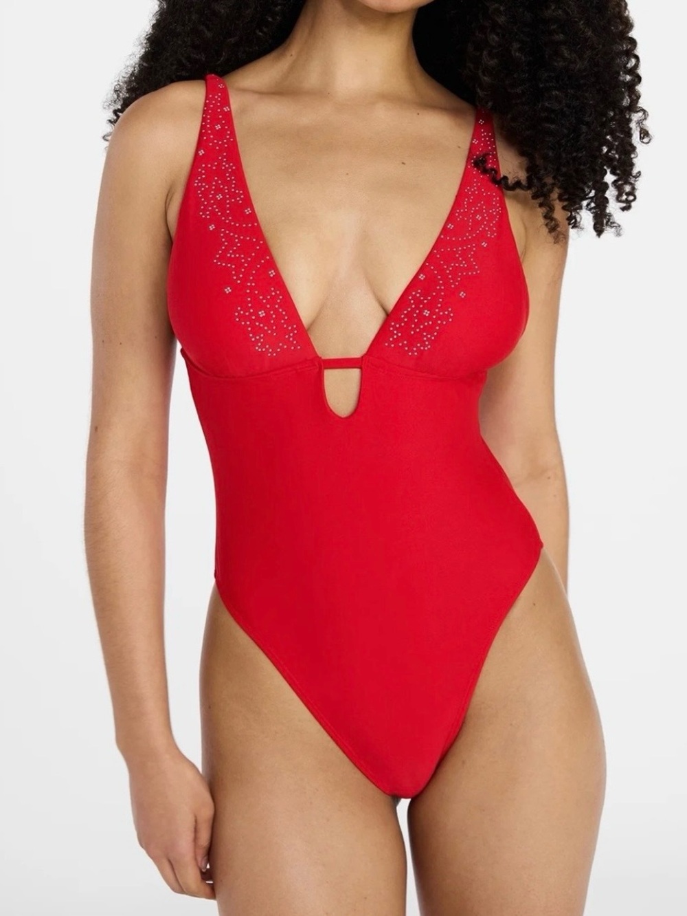 No Boundaries Cheeky High Leg V-Neck One-Piece Swimsuit Women's Size S Just Red